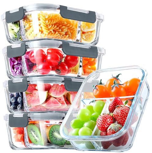 VERONES 5 Pack Glass Meal Prep Containers 3 Compartment Set, 36OZ Airtight Glass Lunch Containers, Glass Food Storage Containers with Lids, for Microwave, Oven, Freezer & Dishwasher Friendly,Grey