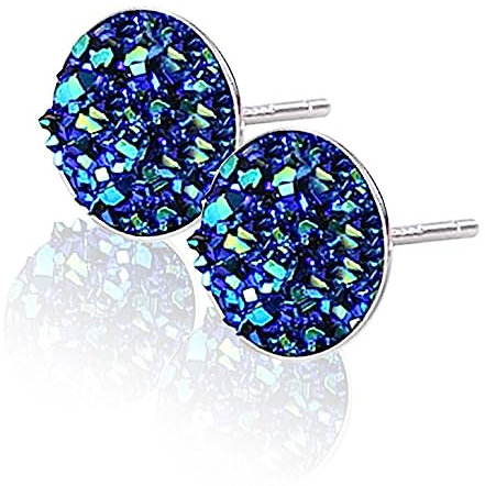 Drusen Ohrstecker, 8mm Silberfarbene Faux Drusen Ohrringe, 925 Sterling Silber Kristall Ohrstecker für Frauen (Blau)
