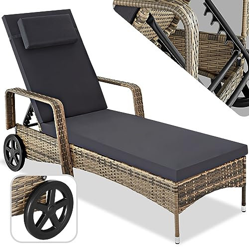 TecTake® Bain de Soleil Chaise Longue en Resine Tressee Résistant Cadre en Aluminium Inclinable avec roulettes Transat Salon de Jardin Exterieur Mobilier de Jardin Chaise Longue - Marron Naturel