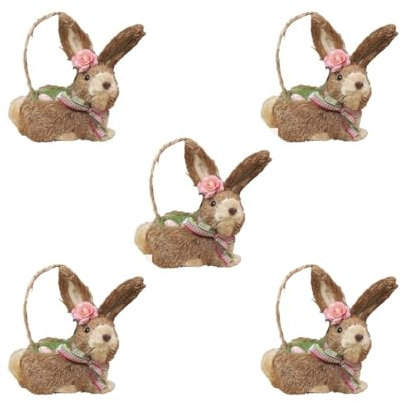 Juego de 5 adornos de conejo de paja de Pascua, cesta de huevos rellenos para vacaciones, escritorio, hogar