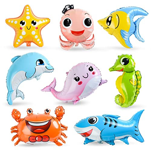 8 Stück Meerestiere Folienballon, XXL Fisch Luftballons, Giant Delfin Seestern Seepferdchen Krabbe Ballons, Ozean Tiere Helium Riesenballon für Kinder Geschenk Geburtstag Jubiläum Ozean Thema Party