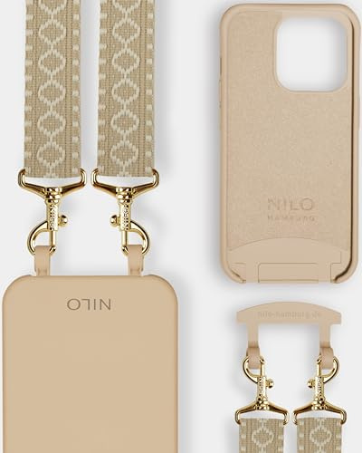 NILO® Set | Handyhülle mit Band, Handyband Beige Berry mit nudefarbener Handyhülle für iPhone 13 Pro | hochwertige Handykette, verstellbar, mit Karabiner Gold