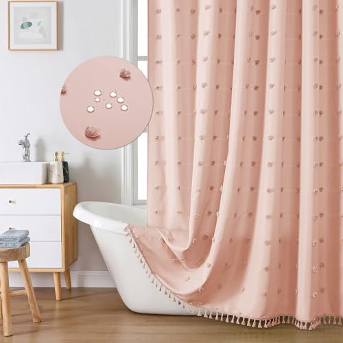 LilyCat Boho Farmhouse Pink Blush Fabric Shower Curtain, 72x72 Tufted Pleat Floral Puffs Textured Tassel Cute Rustic Vintage Shower Curtain for Bathroom, Minimalist Cloth Shower Curtain Set with Hooks