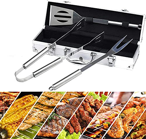 LZCYR 3-Teiliges Edelstahl BBQ Grillwerkzeug Grillgrill Kochgeschirr Werkzeugset Mit Aufbewahrungskoffer Für Reisen/Camping/Outdoor Aktivitäten – Outdoor Grillwerkzeug Kit Für Freunde Der Familie