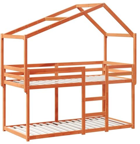 vidaXL Etagenbett, Hochbett mit Dach Leitplanken, Stockbett für Schlafzimmer, Bett Holzbett Einzelbett, Wachsbraun 90x200cm Massivholz Kiefer