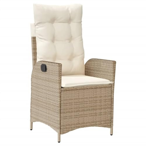 vidaXL Gartensessel mit Kissen, Gartenstuhl mit Verstellbarer Rückenlehne, Liegestuhl mit Stahlrahmen, Sessel Stuhl Relaxsessel, Beige Poly Rattan