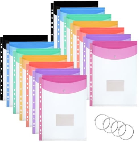 Plastic Wallets A4 Punched Pockets, 14 Pack Expandable Folders Plastic Document Files with Button,Tab Card, and 4 Binders for School, Office, Home, Travel(7 Colors)