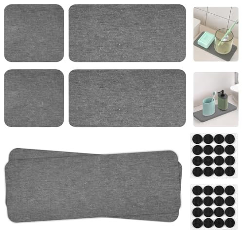 HEKOBAG 6Pcs Water Absorbent Diatomite Tray, 3Size Diatomaceous Earth Kitchen Soap Dish Fast Drying Stone Sink Tray Anti Slip Water Absorbing with Non-slip Mat for Hand Soaps,Plants,Toiletries (Grey)