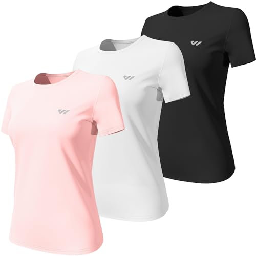 Wulibike Tee Shirt Femme 3 ou 5,Respirant Tenue de Sport,Séchage Rapide T-Shirts et Tops de Sport,Anti-UV, Confortable et Ajusté Noir-Blanc-Rose M