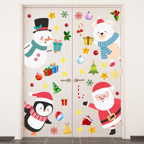 Grandi adesivi natalizi per porte, 80 x 30 cm, rimovibili, Babbo Natale, pupazzo di neve, pinguino, orso, fiocco di neve, decalcomania per Natale, vacanze, inverno, finestra, porta, frigorifero,