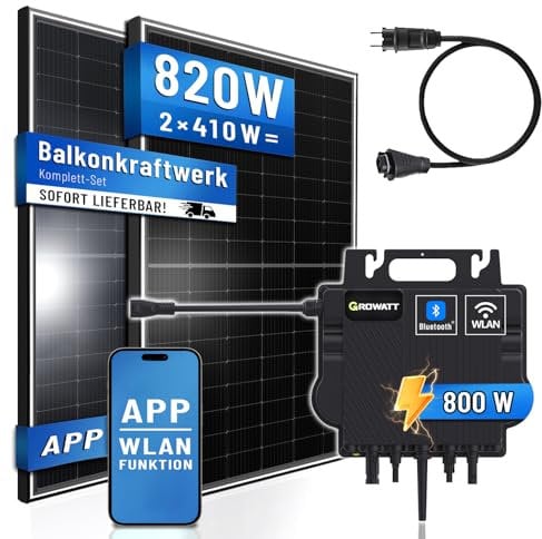 PIANETA Balkonkraftwerk 820W / 800W mit 2 x 410w Marken Solar Module Glas Folie, Wechselrichter Growatt NEO-800M-X mit Wifi/Bluetooth funktion plus 5 m Schukokabel