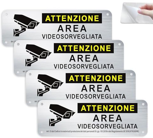 4Pezzi Cartello Area Videosorvegliata Adesivo, 18x6cm Cartello Videosorveglianza e allarme per casa Metallo Esterno Alluminio Spazzolato piccolo