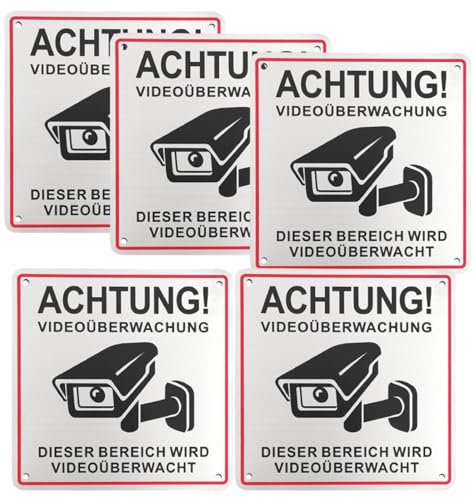 Upifen 5Stk. Achtung Videoüberwachung Schild Privatgrundstück15x15cm Aluminium Schilder Kameraüberwachung, mit Selbstklebend und 4 Bohrlöcher, Kamera Überwachung, Warnschild
