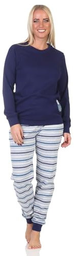 Normann Damen Schlafanzug mit Bündchen Kuschel Interlock Qualität mit Tiermotiv, Farbe:Marine, Größe:48-50