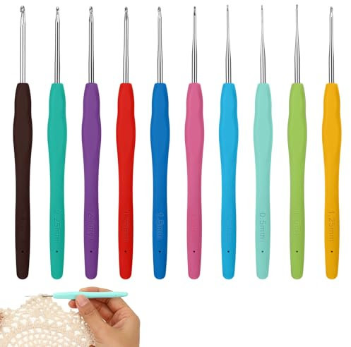 JJUNW 10 Stück Mini Häkelnadel Set, Kleine Spitze Häkelnadeln 0.5 mm - 2.75 mm Häkelnadeln mit Weicher Griff Häkelnadel Stricknadel Ultrafeine Häkelnadelset für Spitzen Dünnes Garn Feines Häkeln