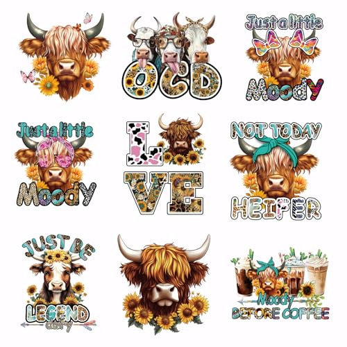SUPERDANT 9PCS Hochland Kuh Bügelbilder Wärmeübertragung Patches bunte Tier Wärmeübertragung Aufkleber Leopard Print DIY Bügelbilder für Textilien waschbar Wärmeübertragung Papier für Kleidung T-Shirt