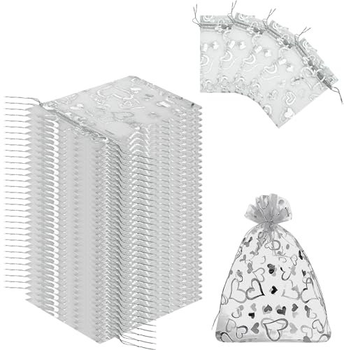 Giroselle Organzasäckchen 100 Stück - Gastgeschenke Hochzeit-Säckchen zum Befüllen-Kleine Geschenktüten mit Herzmustern (Weiß Silberherz, 11 x 16 cm)
