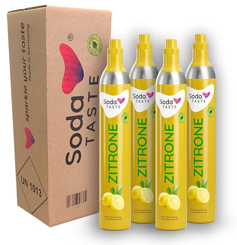 SodaTASTE CO2-Zylinder tauschen 4er-Pack (Refill) für Wassersprudler, mit natürlichem Zitronenaroma, ohne Sirup, für bis zu 240l Sprudelwasser mit Geschmack, zuckerfrei (ACHTUNG: 4 Leerzylinder nötig)