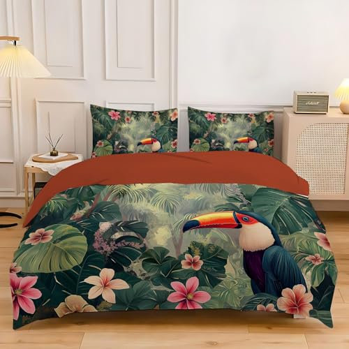 MULERN Bettwäsche 135X200Cm 3Teilig, Dschungel, Papagei Bettbezug 3Er Set, Tropen Microfaser Wende Bettwäsche-Sets Und 2 X Kissenbezug 80X80 cm, Reversibler Bettbezug Mit Reißverschluss