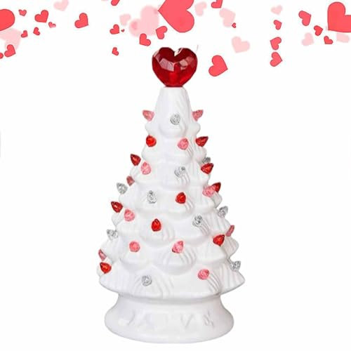 Pequeño árbol de Navidad de cerámica iluminado con luz LED | Árbol navideño decorativo de cerámica para decoración de mesa, perfecto para el hogar y la oficina, decoraciones navideñas clásicas