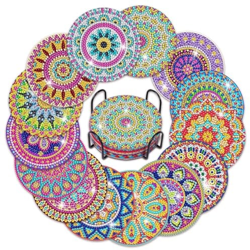 Mulaibdin 14 Stück Diamond Painting Untersetzer, Glasuntersetzer mit Halter, Tassen Untersetzer Mandala, DIY Diamond Coasters Set, Getränkeuntersetzer Rund für Erwachsene,Kinder Anfänger
