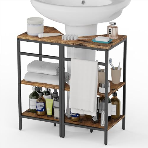 CADUKE Pedestal Sink Storage, 2 Pack Bathroom Under Vanity Storage Shelf | Under Sink Organizer Shelf, Bathroom Organizers Rack Stand, 3 Tier Wooden Corner Shelves, For Small Space, Rustic Brown