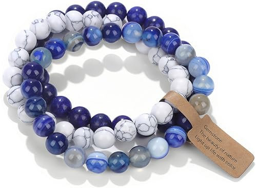 WEIZAIJY Handmade Echte Natursteinperlen Heilsteine Armband (Lapis Lazuli Jade&Weißes Türkis&Blau gestreifte Achat)