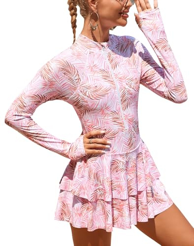Ausing Damen Badekleid Langarm Einteilige Badeanzug Swim Rock Schnell Trocknende Rash Guard Schwimmkleid Sonnenschutz für Wassersport S-XXL