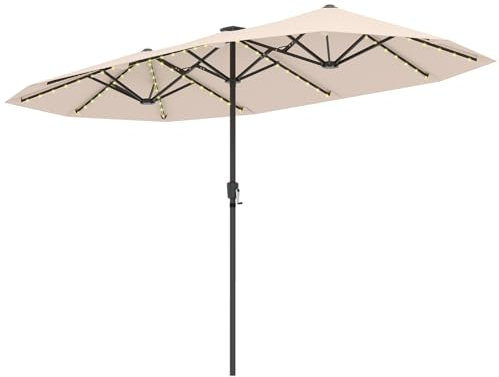 COSTWAY Ombrellone da Giardino Doppio 380 cm, con Luci LED, Ombrello per Esterno con Manovella e 12 Stecche, Ombrello Rettangolare Pieghevole, per Giardino Piscina Terrazza (Beige, Con Luci)