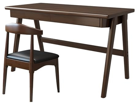 Ernqi Großer Gaming Schreibtisch Aus Holz Mit Stuhl, L-förmiger Computertisch Für Schlafzimmer Und Büro, Querstreben Und Schubladen, Tisch In 3 Farben Erhältlich(Walnut,Horn Chair_31.5IN)