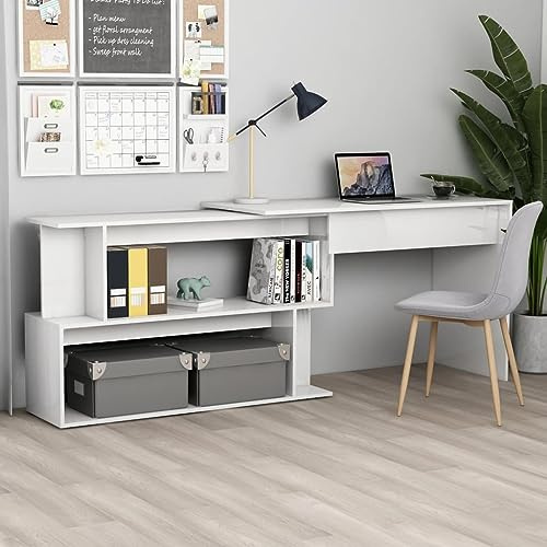 Bureau d'angle pour ordinateur, console de bureau, table de jeu, convient pour salle de jeux, bureau, bureau, salon, blanc brillant, 200 x 50 x 76 cm
