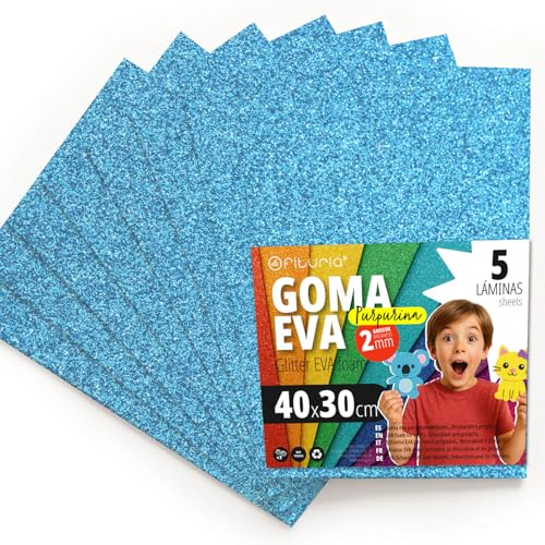 OFITURIA Glitzer-Moosgummi für Bastelarbeiten, Bunter Schaumstoff mit Glitzer für DIY, kreative Projekte, Kunst und Schule 40x30cm (Hellblau, 5 Stk)