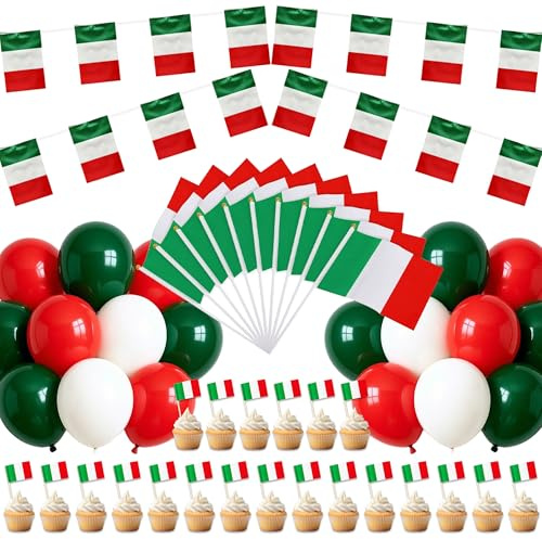 Tasoraor Italien Deko Flaggen Ballons - Italienische Fahnenkette Rot Grün Luftballons und Zahnstocher Flagge, Handflagge und Flaggenkette für Fußball Euro WM Party Dekoration (Flaggen)