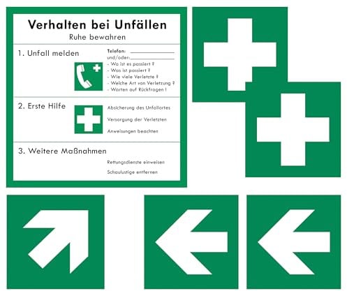 Rettungszeichen-Paket – Verhalten bei Unfällen + 2x Erste-Hilfe-Kreuz + Richtungspfeile rechts/links + Richtungspfeil Treppe ISO 7010 Folienaufkleber