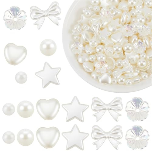 PONABEADIY 1 Box 500 Stück Sortierte Perlen Mit Loch Weißer ABS Kunststoff Imitation Herz Rund Stern Schleife Perlen Charms Lose Abstandsperlen Für Die Schmuckherstellung Armbänder Halsketten DIY Bast