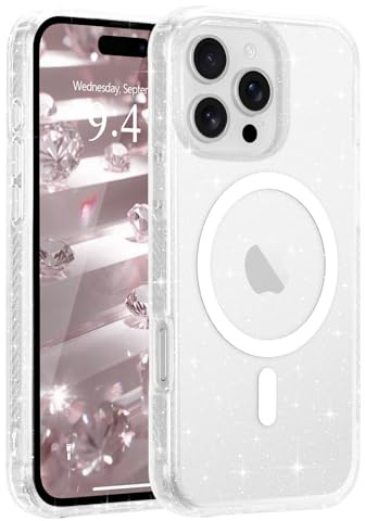 Micoden for iPhone 16 Pro Clear Case Glitter Compatible with Magsafe | Magnetic Non-Yellowing,Bling Sparkly Phone Case,Soft TPU Full Camera Protection Shockproof Cover for Women Girls-Clear