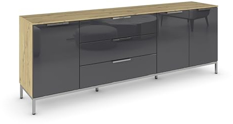 Rauch Möbel Flipp, Kommode, Farbe Glas Basalt/Eiche Artisan, Breite 199 cm | Sideboard, 3-türig, 3 Schubladen, Glasfront, Soft-Close, Griffe, Metallkufe Chrom, für Schlafzimmer, Gästezimmer, Wohnzimmer