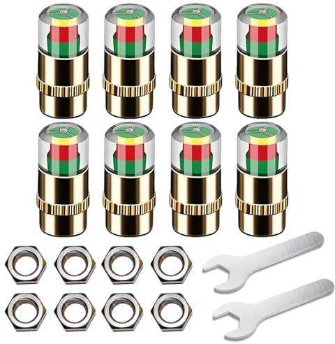 8 Stück Car Tire Pressure Monitor Valve Stem Caps, Auto Reifendruckkontrolle Ventilkappen, 2,4 Bar 36 psi Reifendruck-Sensoranzeige mit 3-Farben-Augenwarnung für Auto, Motorrad, Fahrrad (Gold)