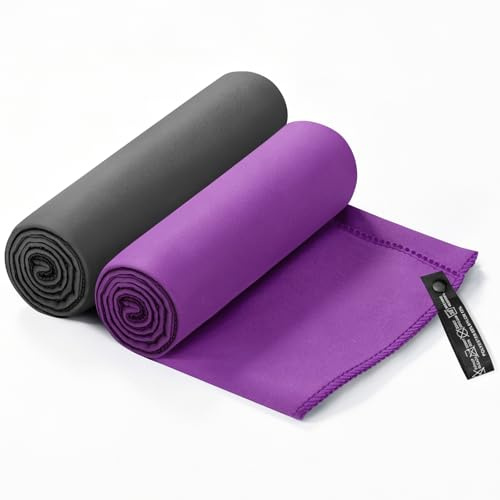 Mikrofaser Handtuch 2er Set(50x100cm): Kompakte Microfaser Handtücher, Schnelltrocknend & Leicht Sporthandtuch, ideal als Badetuch, Strandtuch, Fitnessstudio, Reisehandtuch (Lila + Dunkelgrau)
