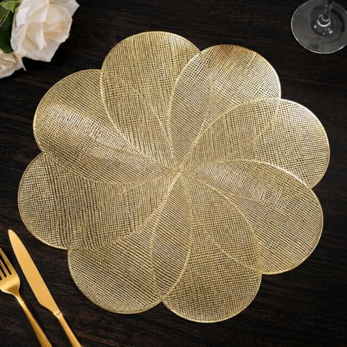 FAVE Lot de 6 Set de Table Ronds Dorés, Design de Fleur Dorée (38cm) | Résistant à la Chaleur, Facile à Nettoyer, Décoration de Table, Set de Table Lavable, Maison & Usage Quotidien