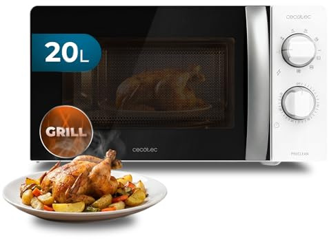 Cecotec Microondas 20L con Grill ProClean 2110 Wave. 700W con 6 Niveles de Potencia, Capacidad 20 L, Función Grill, Tecnología 3DWave, Modo Descongelación, Temporizador hasta 30mins