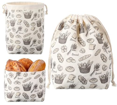 Xuniea Bolsa de Pan 3 en 1 para Guardar y Mantener Pan Fresco Panera de Tela Bolsa de Pan de Algodón con Cordón para Almacenamiento Reutilizables(Estampado Pan)