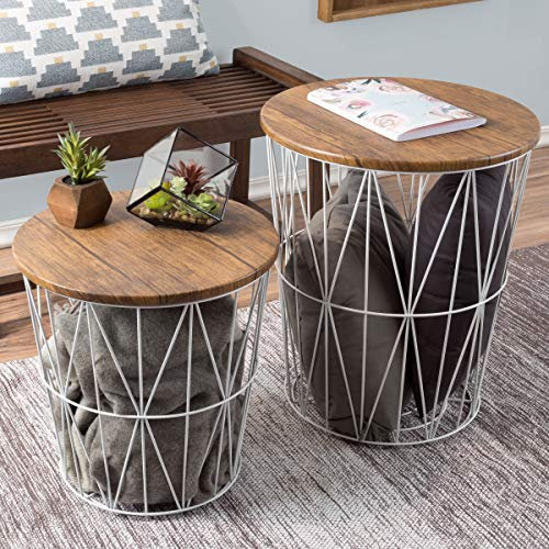 Lavish Home Beistelltische mit abnehmbaren Holzplatten und Metallkorbböden für Deckenaufbewahrung, runde Beistelltische für Wohnzimmer, Schlafzimmer oder Heimbüro, (Braun/Weiß),