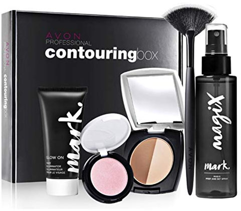 Avon Mark Make Up Professional Contouring Box 5 Teile alles für ein professionelles Contouring Rouge Highlighter Bronzepuder Fixierspray Pinsel