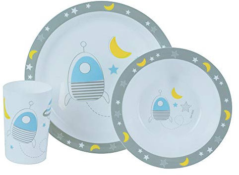 FUN HOUSE 005668 ESPACE FUSEE Ensemble repas micro-ondable comprenant 1 assiette Ø 22 cm, 1 bol Ø 16 cm et 1 verre 220 ml pour enfant