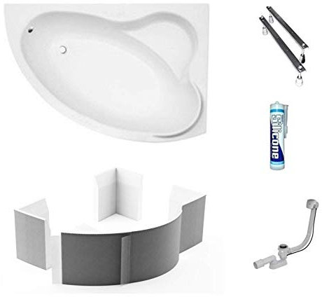 ECOLAM® Badewanne Eckbadewanne Acryl Ada weiß 140x90 cm RECHTS + Wannenträger Ablaufgarnitur Ab- und Überlauf Automatik Füße Silikon Komplett-Set