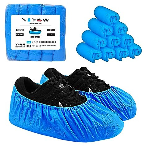 TYGA STORE (100 Pieces Disposable Shoe Covers - Blue Plastic, Anti Slip, Dust Proof, Waterproof Overshoes – Indoor, Outdoor, Carpet, Floor, Rain, Boot, Safety, Cycling, Strong Foot Covering