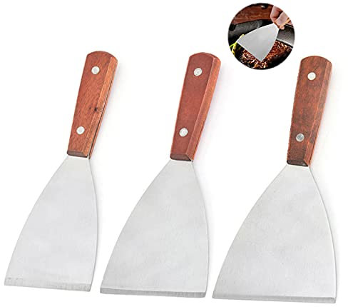 Espátula de Plancha de Acero Inoxidable Espátula para Parrilla Juego de Espátula de Metal EspáTula con Mango de Madera Profesionales Raspador de Parrilla Accesorios para Cocina Teppanyaki 3 Piezas