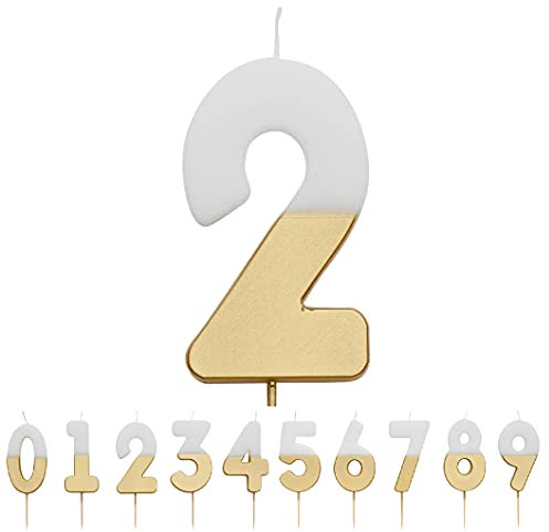 Talking Tables White and Gold Number 2 Candle Premium Quality Cake Topper Decoration | for Kids, Adults, 21st Birthday Party, Anniversary, Milestone, GoldCandle2,White/Gold,8 cm