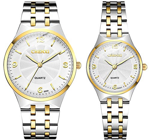 JewelryWe 2pcs Paar Uhren Quarz Analog Partner Freundschafts Armbanduhr Business Casual Uhr mit Gold Silber Edelstahl Armband und weißem Zifferblatt, Valentinstag Pärchen Geschenk für Herren Damen